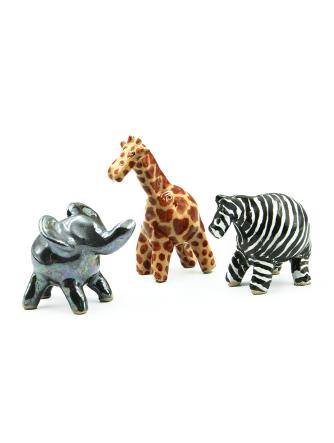 Sæt med 3 Kazuri Zafari dyr, Elefant, Zebra og Giraf