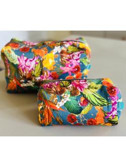 Toilettaske - Petrol/pink/rd/orange m/grafiske blomster - Stor
